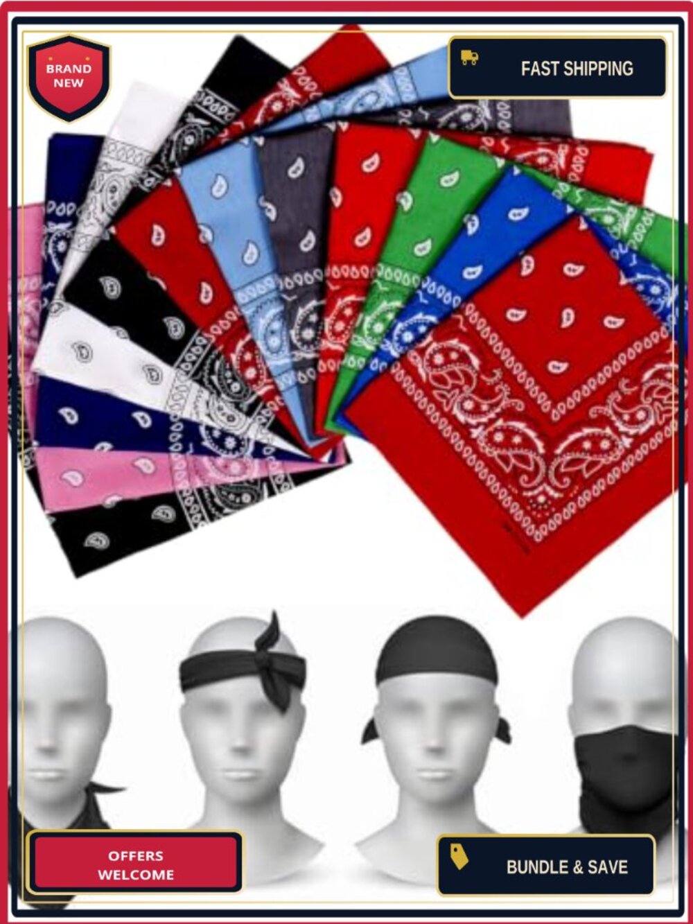 100% Cotton Paisley Bandanas - Large Thick Multi-Purpose Headscarf (12 Pack)
